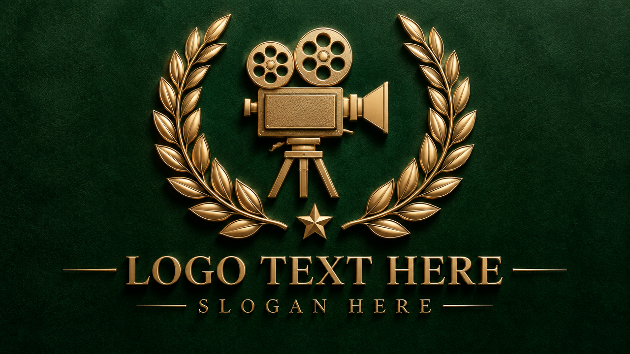 Luxurious film festival and awards logo featuring an embossed gold foil laurel wreath and classy typography with 'LOGO TEXT HERE'