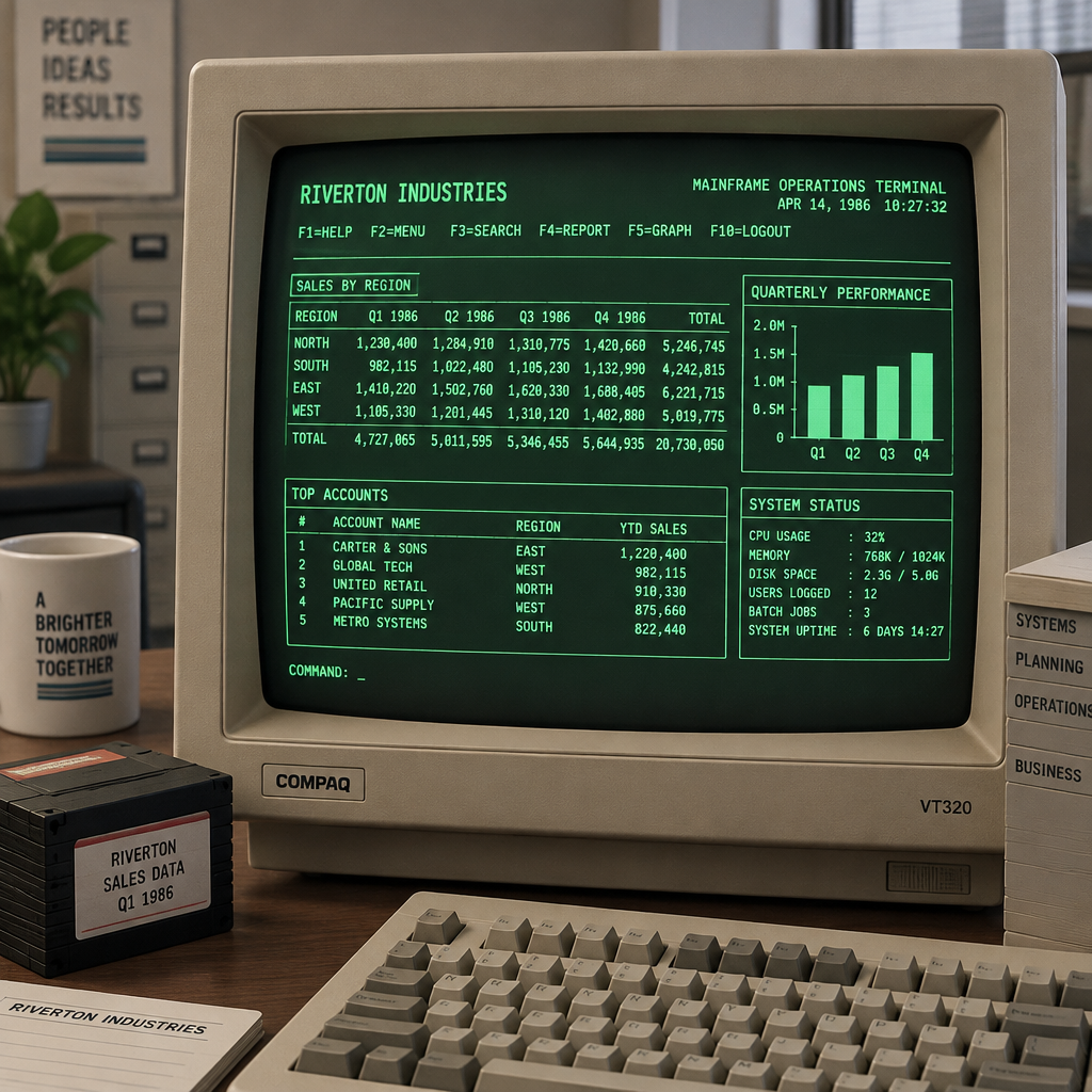 Vintage 1980s beige CRT computer monitor displaying glowing phosphor-green monospace tabular text