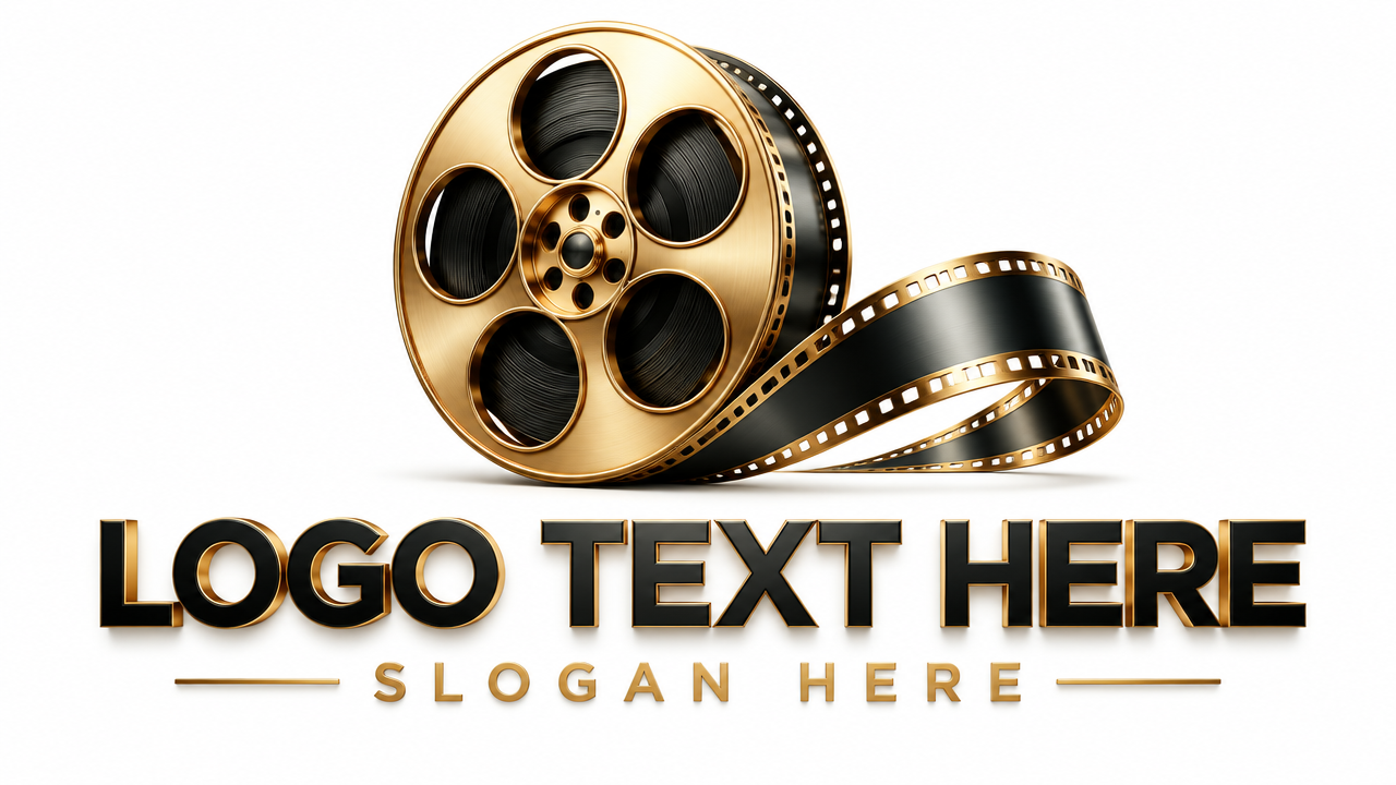 Professional movie logo mockup featuring a 3D metallic film reel and bold typography with 'LOGO TEXT HERE' on a clean background