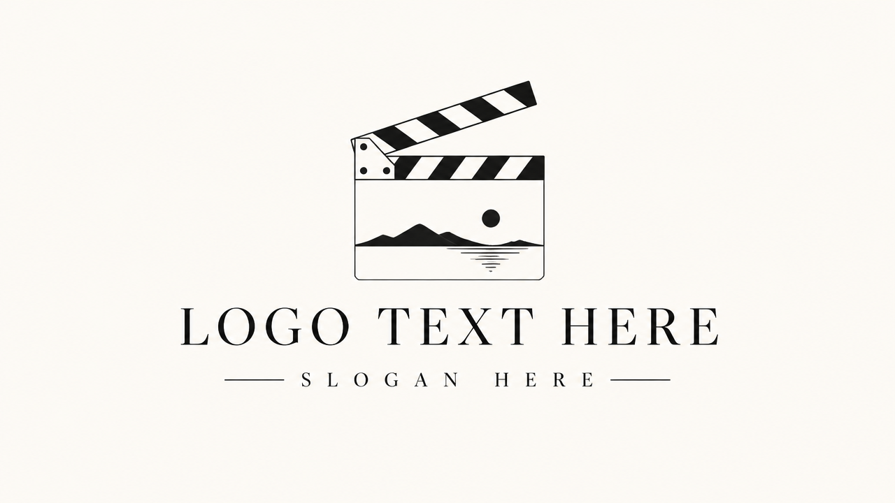 Minimalist indie film studio logo design featuring a delicate clapperboard outline and elegant serif text 'LOGO TEXT HERE'