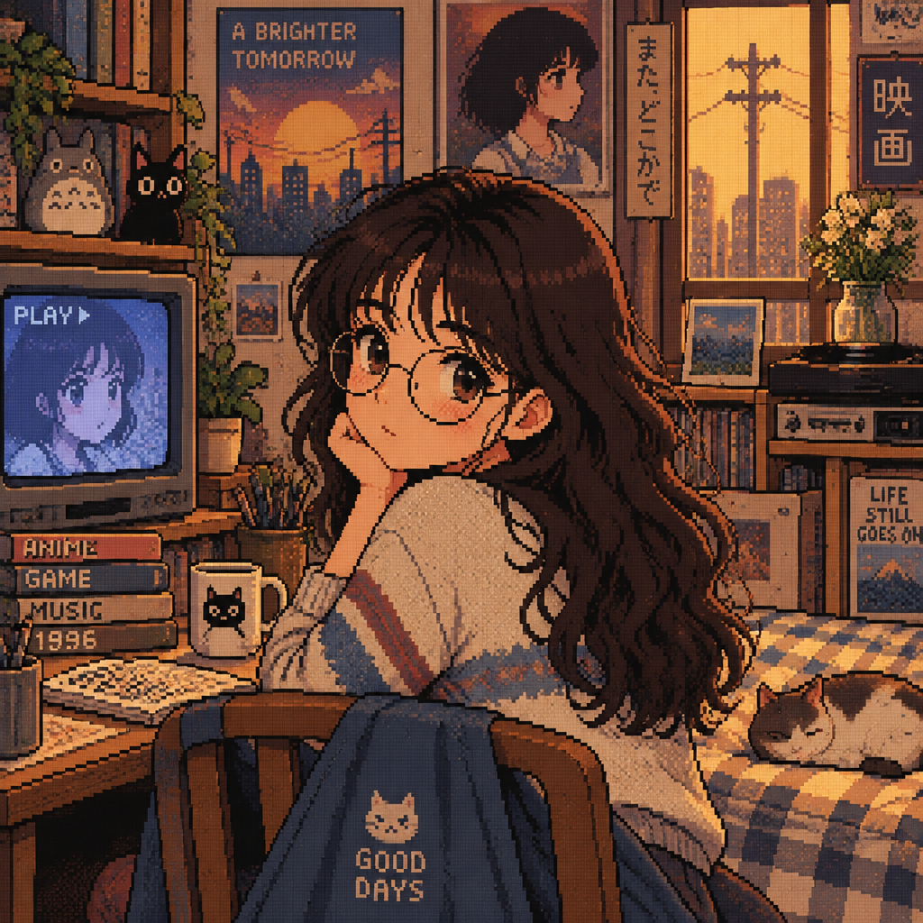 Nostalgic lo-fi anime girl with glasses pixel art portrait
