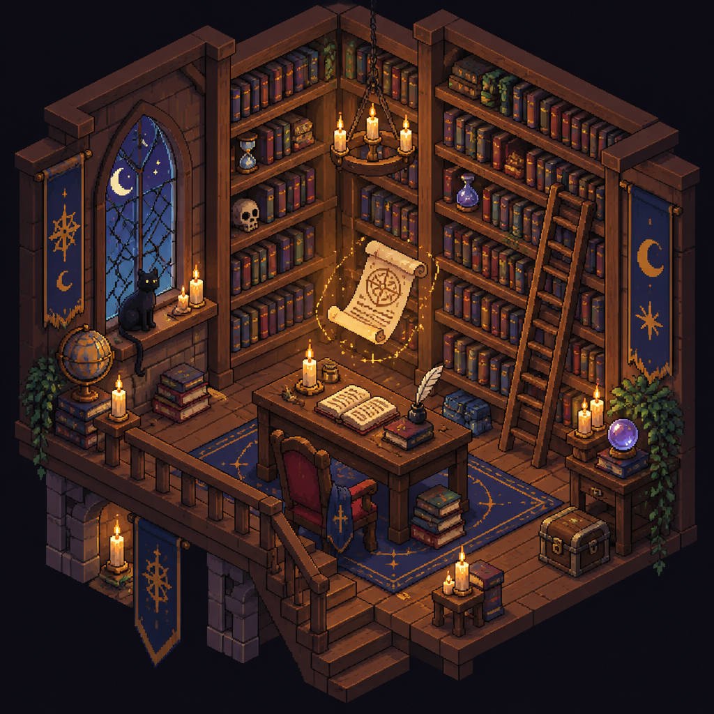 Cozy isometric pixel art cutaway view of a candlelit library