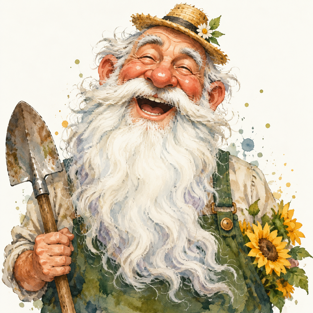 Expressive watercolor painting caricature of a laughing bearded gardener