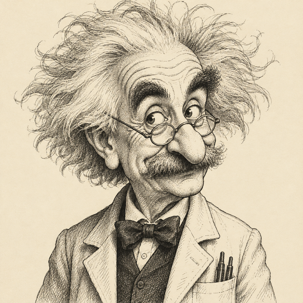 Vintage editorial ink sketch caricature of an eccentric professor
