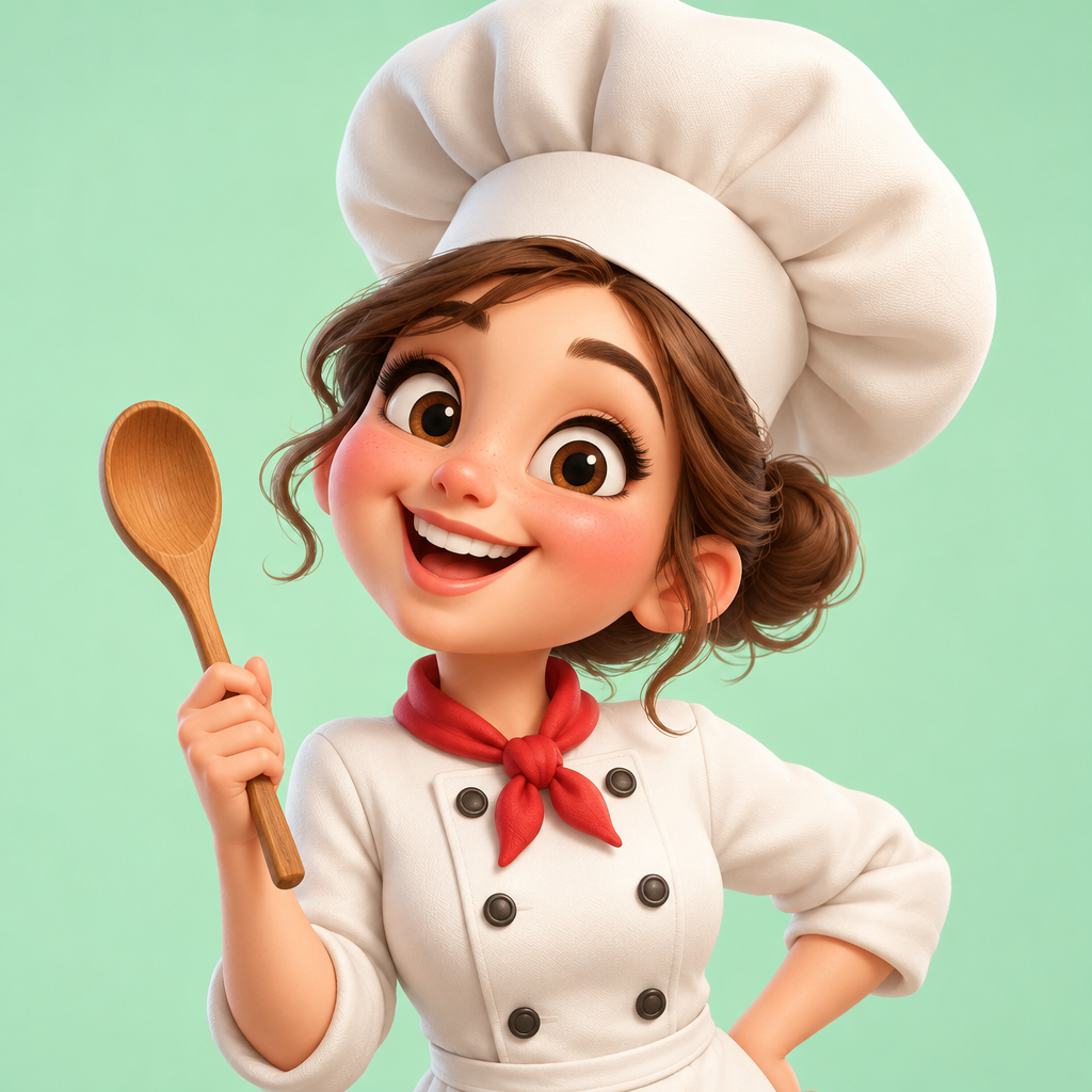 3D animation style caricature of a smiling female chef