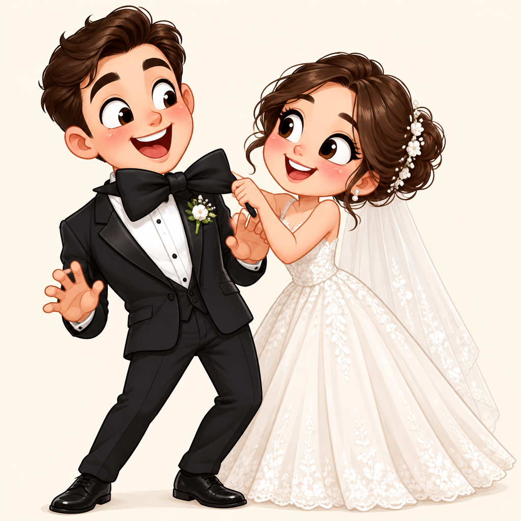 Cute cartoon caricature of a happy bride and groom