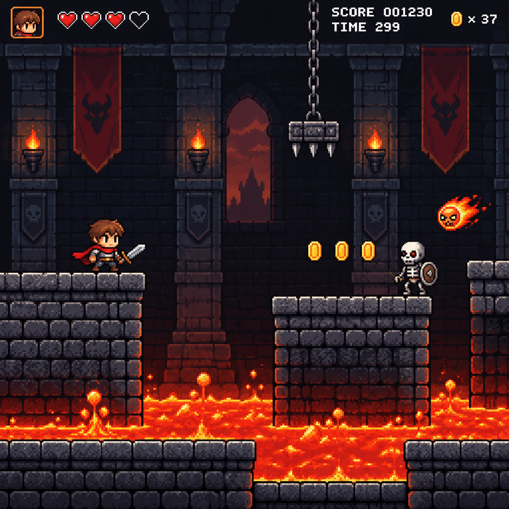 16-bit side scrolling pixel art platformer with hero jumping over lava