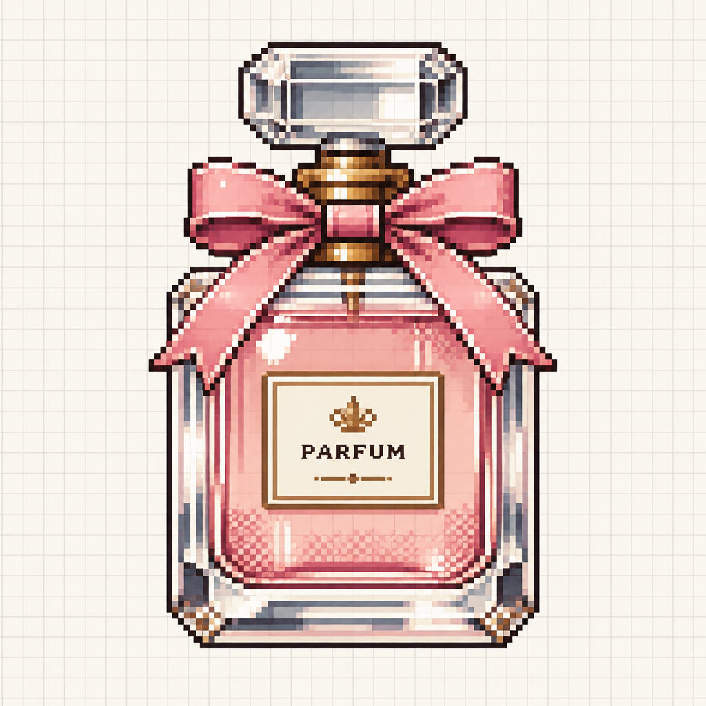 Pastel pink perfume bottle pixel art sprite on light grid background