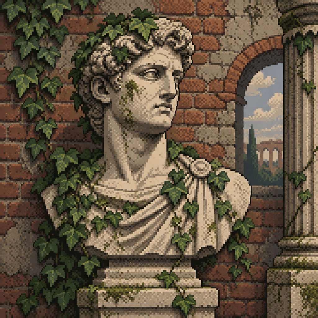 Classical Roman statue covered in green ivy detailed pixel art