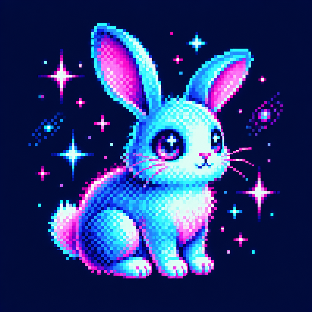 Glowing cyan and magenta neon rabbit pixel art on dark background