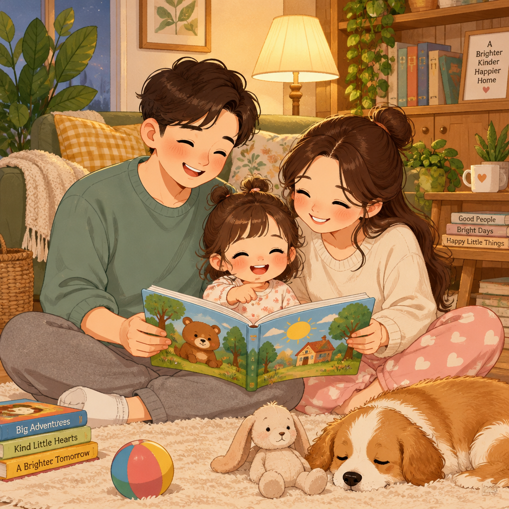 Storybook cartoon caricature illustration of parents reading a picture book with their toddler