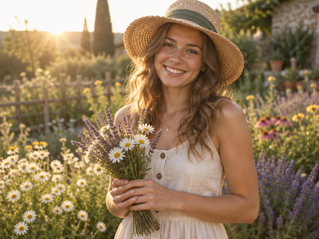 Candid portrait photograph of a smiling young woman in a straw hat holding a wildflower bouquet in a sunny garden