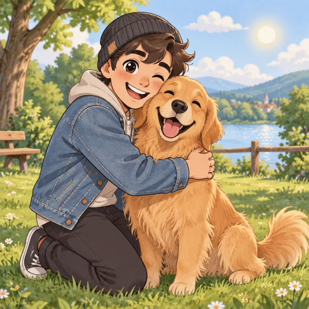 Heartwarming cartoon caricature of a young man hugging a happy golden retriever in a park
