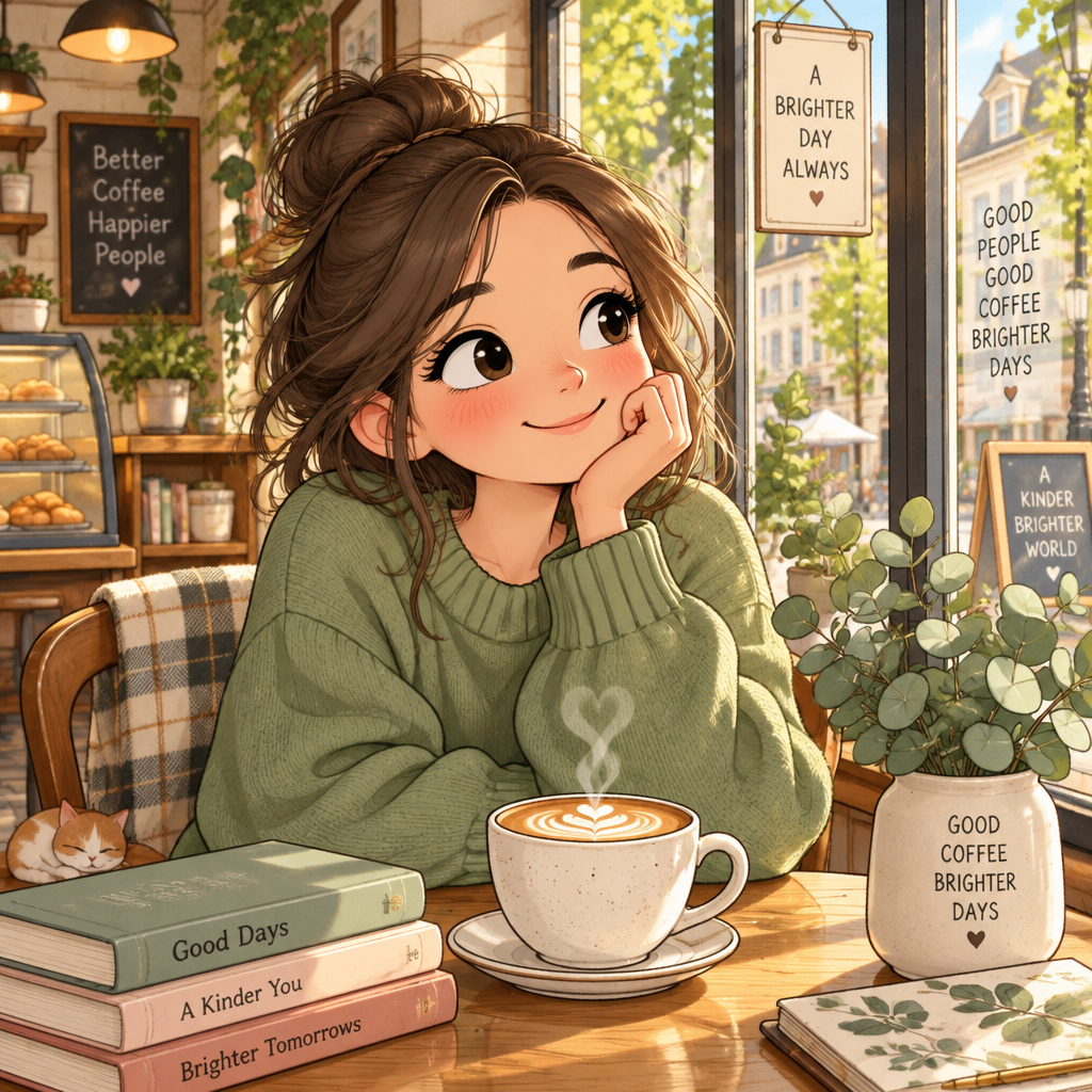 Aesthetic 2D storybook caricature of a woman drinking coffee beside a sunlit cafe window