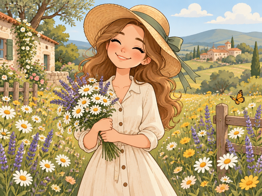 Charming 2D storybook cartoon caricature of a smiling woman holding wildflowers transformed from photo