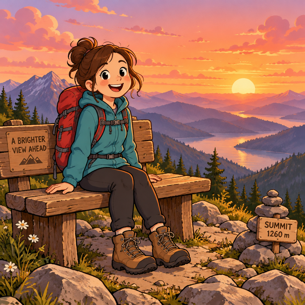 Charming 2D cartoon caricature of a backpacker resting on a mountain peak at sunset