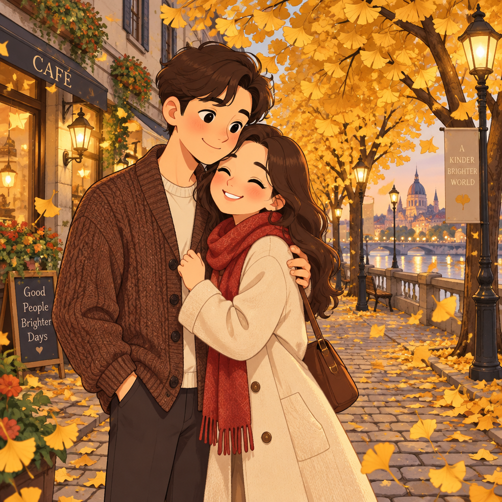 Cute 2D cartoon caricature of a couple embracing on an autumn city street