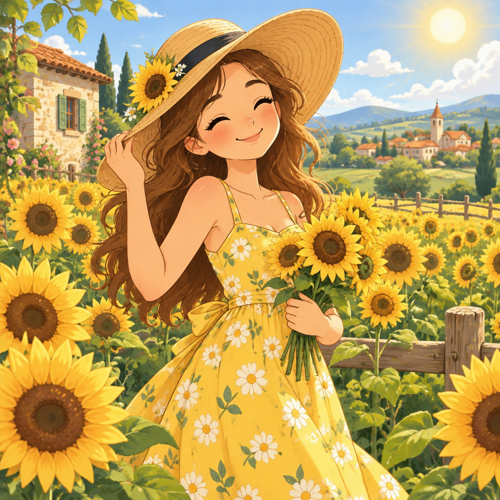  Charming 2D storybook caricature of a smiling girl in a summer sunflower field