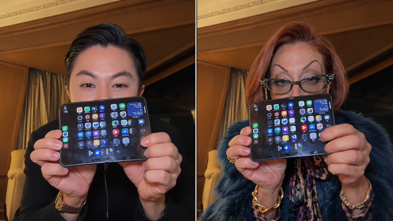 Side-by-side comparison of iPhone kupi dance video showing Asian man on left and swapped stylish mature woman with cat-eye glasses and fur collar on right holding a foldable phone.
