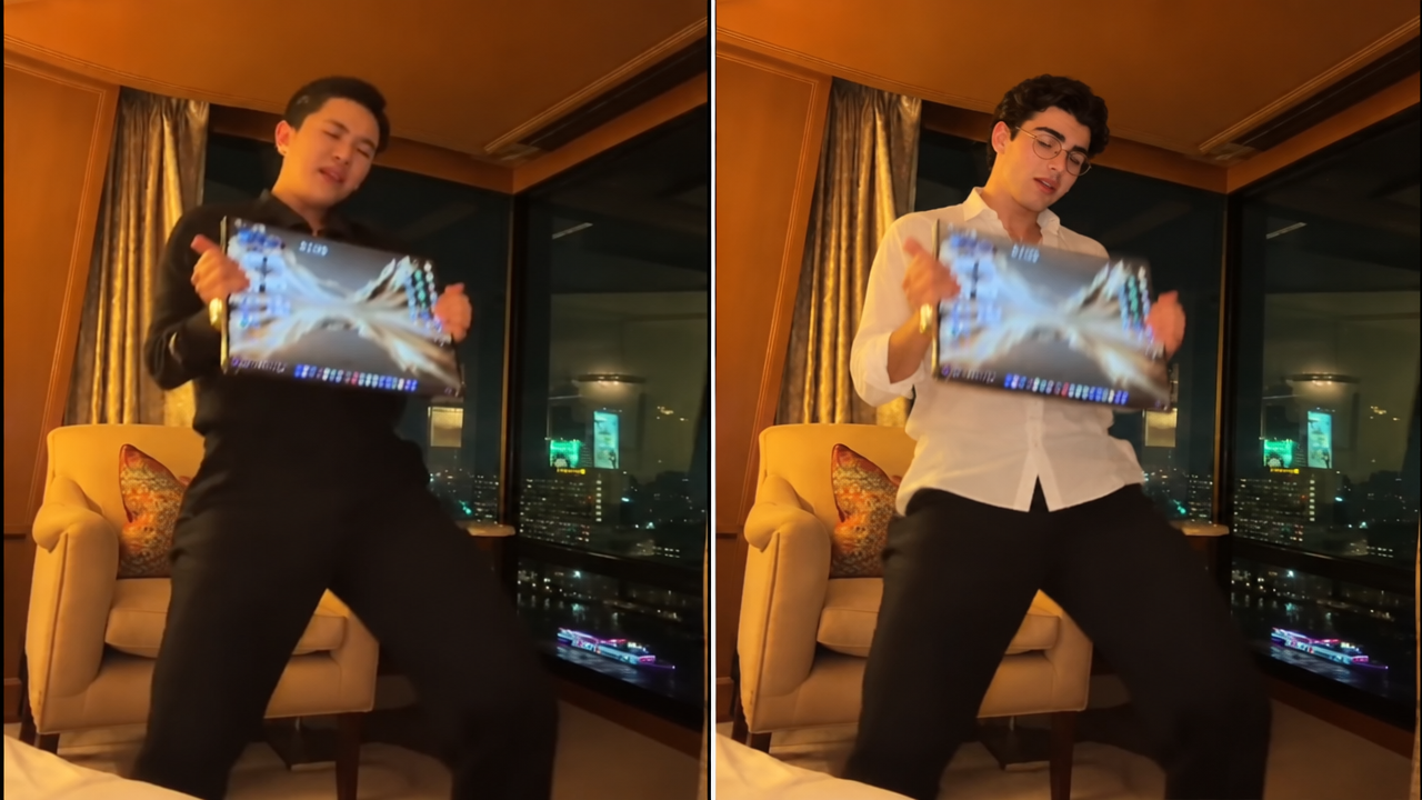 Side-by-side comparison of laptop kupi dance showing Asian man on left and swapped curly-haired young man in white shirt on right dancing in hotel room.