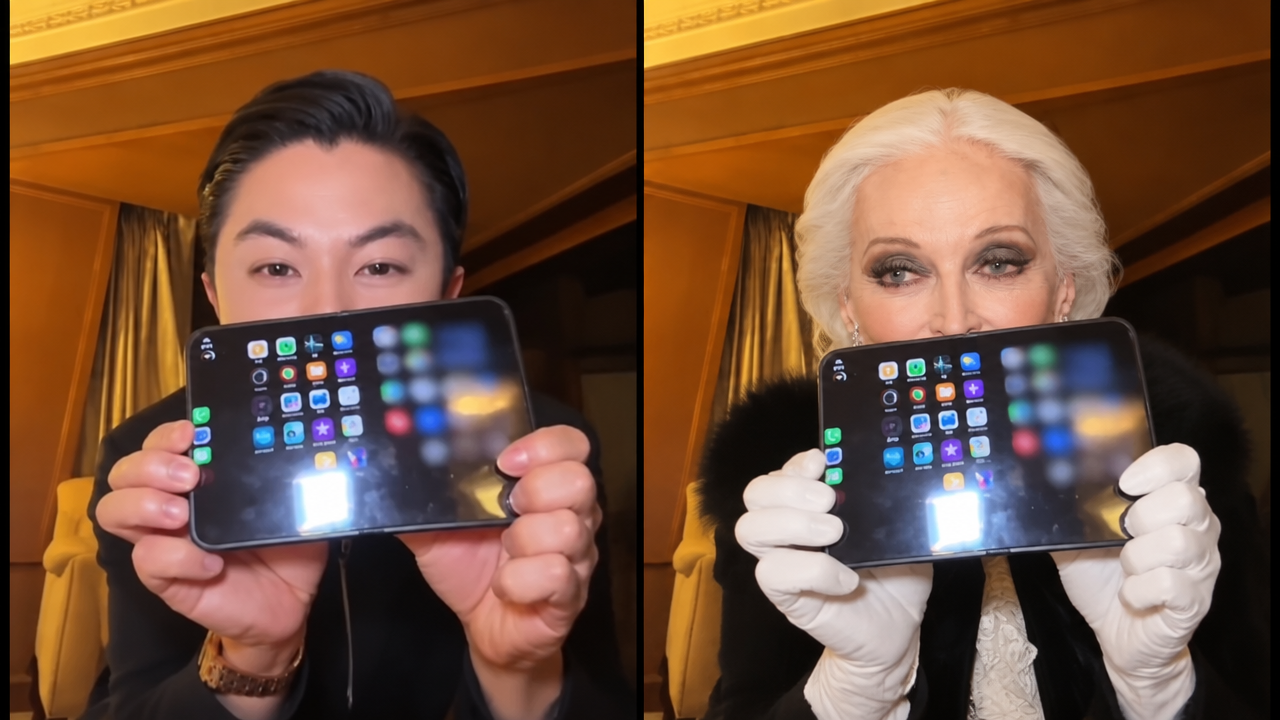 Side-by-side comparison of iPhone kupi dance showing Asian man on left and swapped senior woman with white hair in fur coat on right holding a foldable phone.