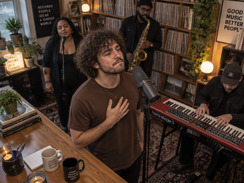 High-angle shot looking down at a curly-haired singer with pressed lips singing at a cluttered desk studio.
