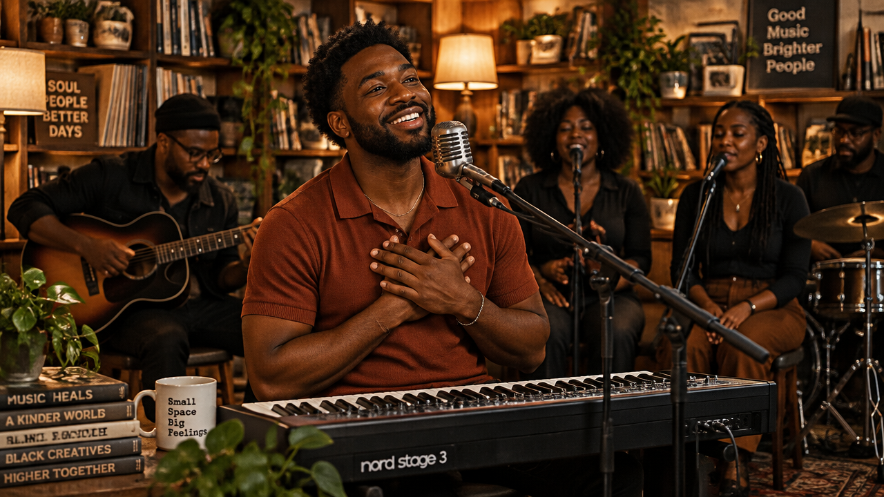 Black male soul singer performing passionately at a crowded bookshelf desk studio with backing musicians.