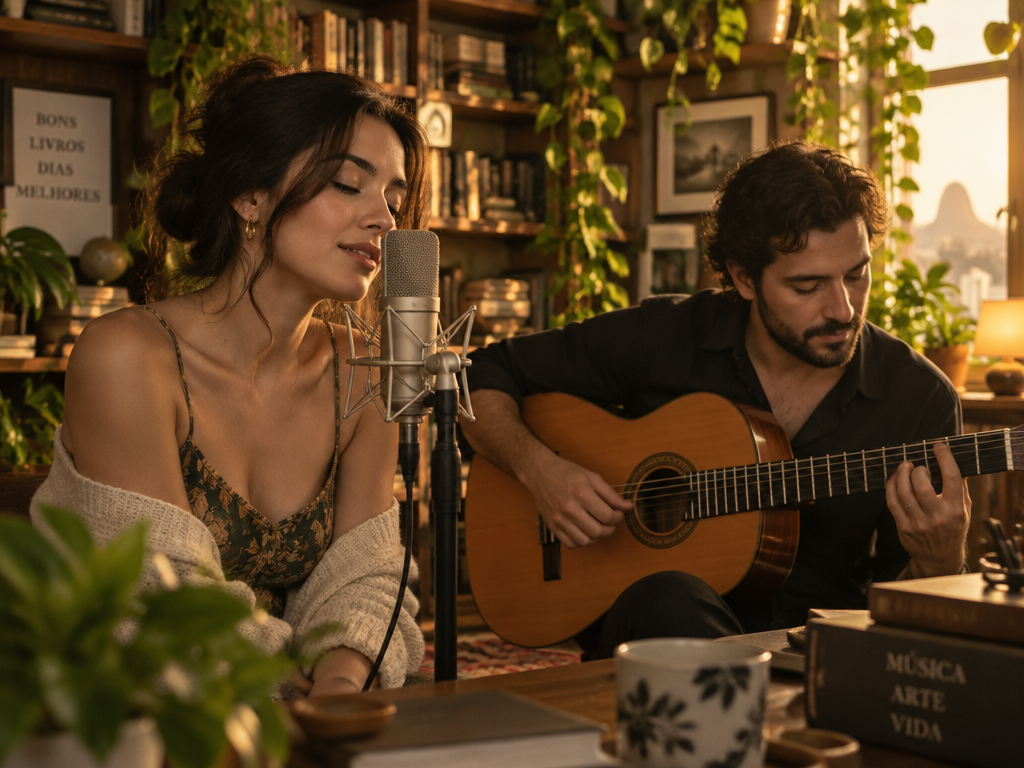 Female indie singer with softly parted lips whispering closely into a studio microphone beside an acoustic guitarist.