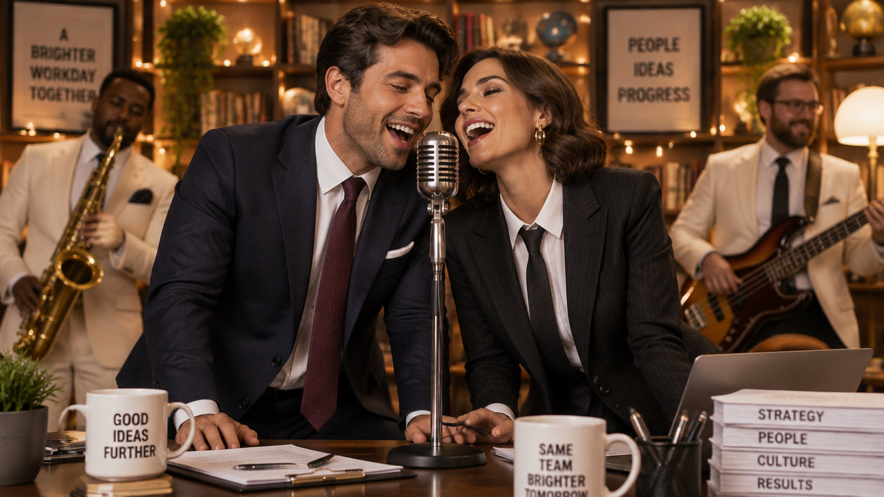 Man and woman in sharp business suits singing joyfully into a vintage microphone at a news desk.