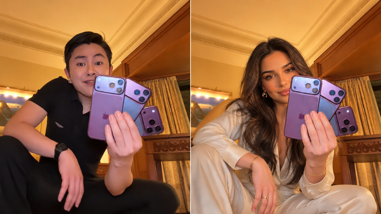 Side-by-side comparison of low-angle smartphone flex showing Asian man on left and swapped glamorous brunette woman in silk loungewear on right holding purple phones.