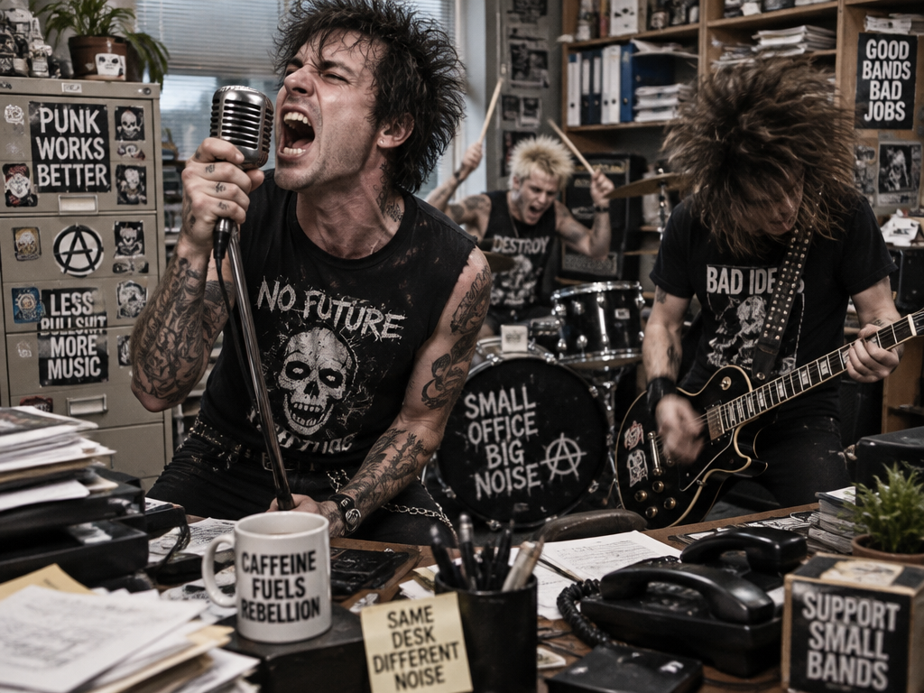 Tattooed punk singer screaming with wide open mouth into a microphone at a cramped office desk concert.