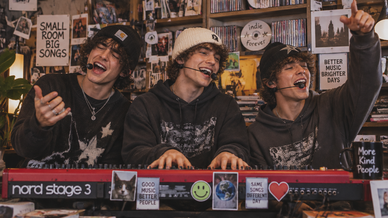 Three young men enthusiastically singing with headset mics behind an office desk synthesizer.