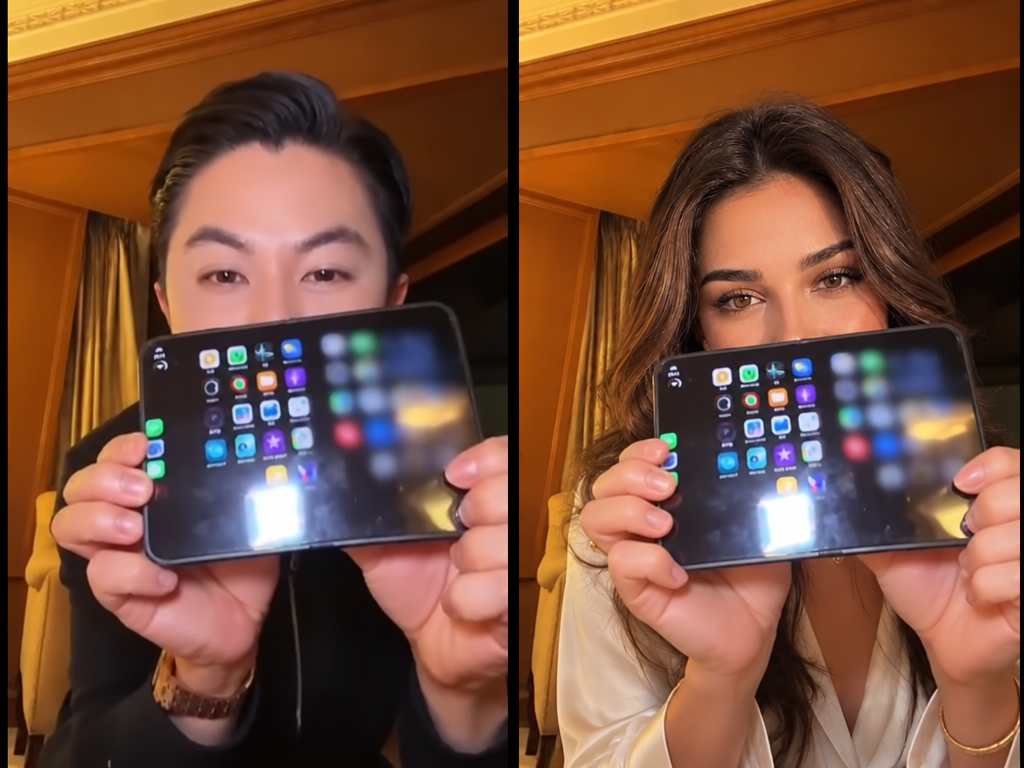 Side-by-side comparison of iPhone kupi dance video showing Asian man on left and swapped brunette woman in silk shirt on right holding a foldable phone.