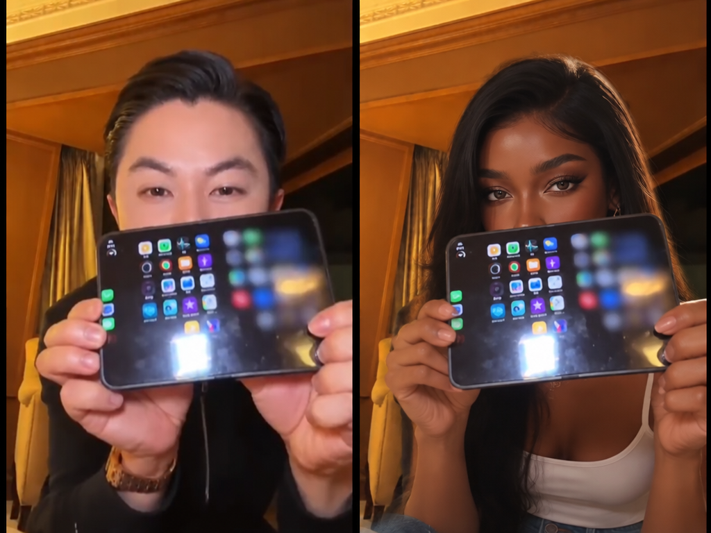 Side-by-side comparison of iPhone kupi dance video showing Asian man on left and swapped South Asian woman in white tank top on right holding a foldable phone.