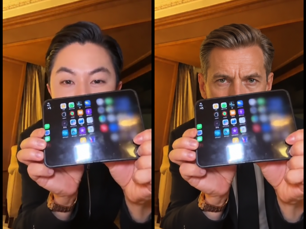 Side-by-side comparison of iPhone kupi dance video showing Asian man on left and swapped middle-aged gentleman in a black suit on right holding a foldable phone