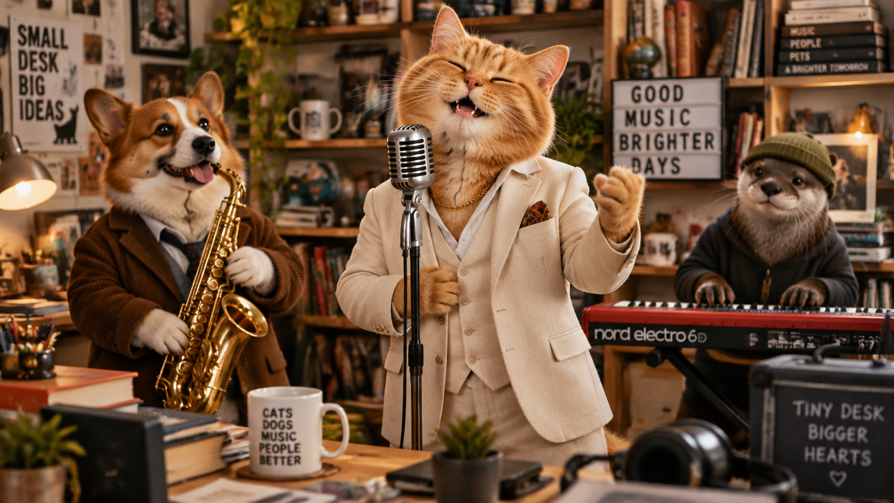 Anthropomorphic orange cat and corgi in formal suits performing music in an office studio.