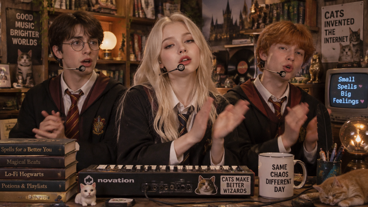Three young musicians wearing wizard robes and headset mics harmonizing behind an office desk.
