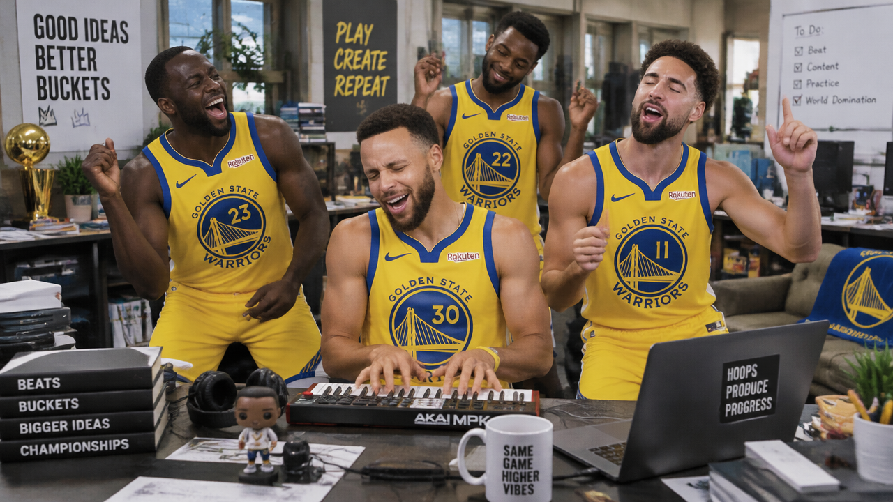 Smiling basketball players in team jerseys joyfully singing and playing keyboard at an office desk.